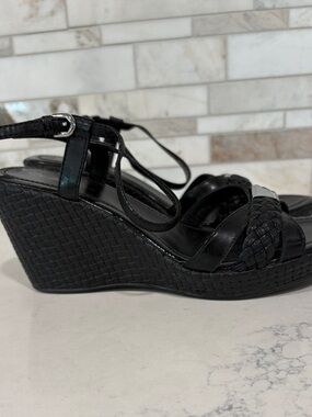 Geox Black Braided Wedge Platform Sandals with Adjustable Ankle Strap Sz 8 or 39